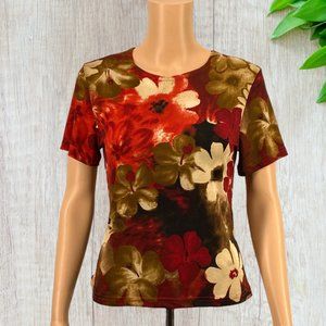 VINTAGE YVES ST. CLAIR -- Top, Short Sleeves, Floral Print, Rust/Green, Pullover